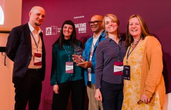 The Animorph team receiving their award, from left to right: Szczepan Orlins, Software Architect & Developer, Hannah Blows, Service & Experience Design, Jon Rowe, Unity Developer, Eszter Muray, Designer, Prof Julia Simner, Lead Scientist.