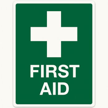 A white first aid cross on a green back ground, with the words first aid, written underneath the cross.