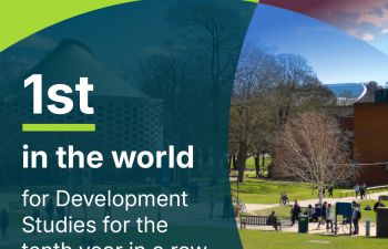 A graphic shows an image of the University of Sussex campus with the text '1st in the world for Development Studies for the tenth year in a row'