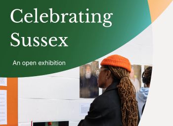 Celebrating Sussex - an open exhibition, with an image of a person wearing a dark coat and bright orange beanie hat looking at exhibition artwork on a white wall.