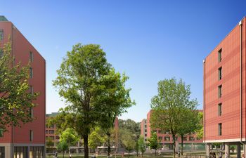 An artist's impression of the West Slope development showing new buildings and Sussex Lawns, a green area at the heart of Campus