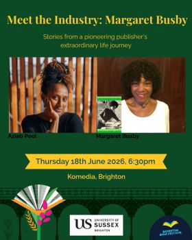 Portrait of publisher Margaret Busby with interviewer Azieb Pool, and details of Brighton Book Festival event © Brighton Book Festival