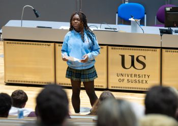Winning student delivering their speech during competition