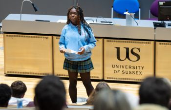 Winning student delivering their speech during competition