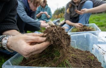 An earthworm held upon a mound of soil, with students surveying in the background.