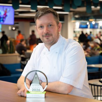 A photo of Michael King, Executive Chef at the University of Sussex, with his award for Chef of the Year