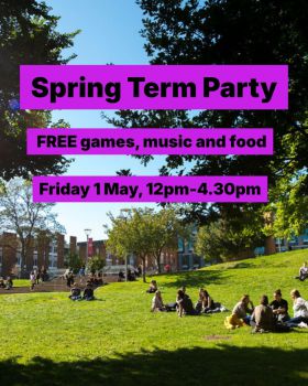 A photo of Bramber House laws overlaid with the text 'Spring Term Party, FREE games, music and food, Friday 1 May, 12pm-4.30pm