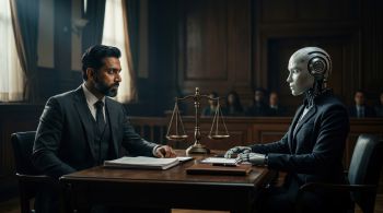 Human and robot face each other in court