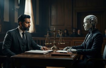 Human and robot face each other in court