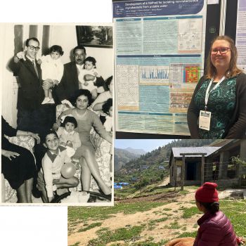 Collage of three photos, black and white family photo, Researcher standing next to an academic poster and a person looking out over a rural valley