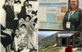 Collage of three photos, black and white family photo, Researcher standing next to an academic poster and a person looking out over a rural valley