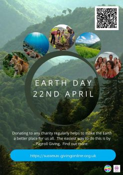 Green forest background with 5 circular pictures in the middle of people, ocean, lions, fields, plants with 'Earth Day 22nd April' written beneath with a link to the page