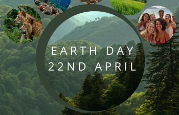 Green forest background with 5 circular pictures in the middle of people, ocean, lions, fields, plants with 'Earth Day 22nd April' written beneath with a link to the page