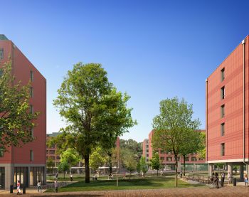 An architect's drawing of West Slope featuring the new Health and Wellbeing Centre on the left