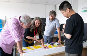 Four people around a table discussing detail on post it notes on the table