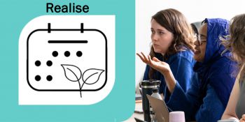 An graphic of a calendar with leaves on it with the word Realise above it and a photo of someone asking a question.