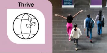A graphic of a globe with laves on it with the word Thrive above it and a photo from above of students walking