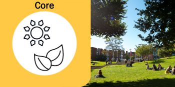 An graphic of a sun with leaves on it with the word core above it and a photo of students sitting on a grassy area of campus