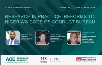 Promotional graphic for a GI ACE seminar titled “Research in Practice: Reforms to Nigeria’s Code of Conduct Bureau.” The event is scheduled for Thursday 18 June, 1–2 PM BST, and features headshots and names of three speakers: Abdullahi Bello, Jackie Harve