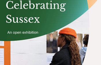 Celebrating Sussex - an open exhibition, with an image of a person wearing a dark coat and bright orange beanie hat looking at exhibition artwork on a white wall.