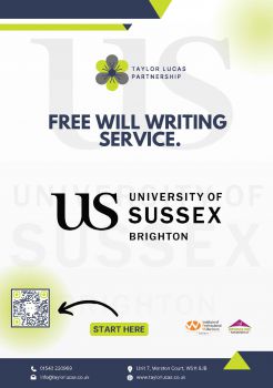 Blue and green flower with 'Taylor Lucas Partnership' written in blue next to it,and 'Free Will Writing Service' written in blue underneath with QR code to access the page in the bottom left corner.
