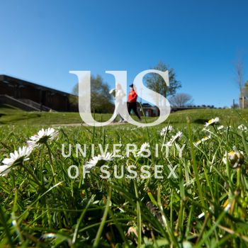 University campus with flowers in foreground and two people walking in background