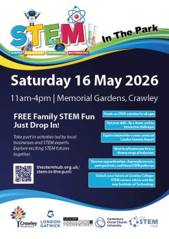 A poster advertising the name, date and time of STEM in the Park