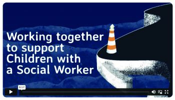 The opening scene of the animation which shows sea around a cliffs and a lighthouse overlaid by the title 'Working together to support Children with a Social Worker'.