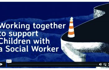 The opening scene of the animation which shows sea around a cliffs and a lighthouse overlaid by the title 'Working together to support Children with a Social Worker'.