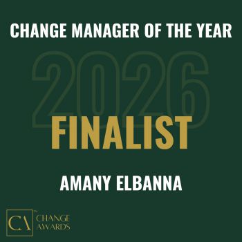 Green badge that says Finalist Change  Manager of the Year Awards 2026