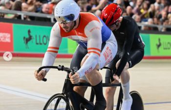 Freddy (wearing a red helmet) and his tandem partner Aaron Pope competing at British Cycling’s 2026 Lloyds National Track Championship in Manchester in February