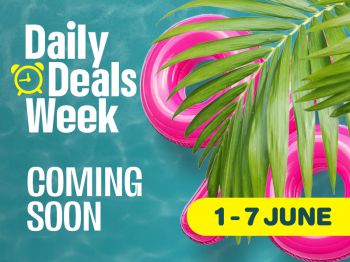 Blue pool backgrounf with palm tree leaf in top right corner hiding a pink percentage sign and 'Daily deals week coming soon' written in white on the left handside