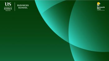 Green background with different coloured green circles with the University of Sussex Brighton on the left and Research Plus university on the top right