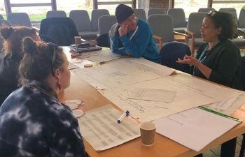 Participants taking part in a group discussion. People are seated around a table covered with flipchart paper and workshop materials.