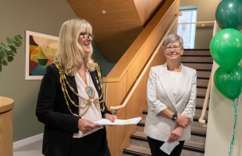 A photograph of Vice-Chancellor Sasha Roseneil with the Mayor of Brighton & Hove in the new Health and Wellbeing Centre