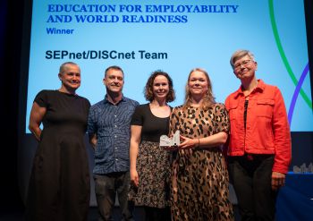 Prof Kate O'Riordan (Pro-Vice-Chancellor Education and Students), Prof Jacob Dunningham, Assoc Prof Kate Shaw, Susanne Bell, and Vice-Chancellor Sasha Roseneil.