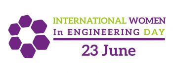 Logo for International Women in Engineering Day featuring a purple hexagonal emblem and the text “International Women in Engineering Day” in purple and green, with the date “23 June” displayed below.