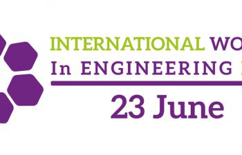 Logo for International Women in Engineering Day featuring a purple hexagonal emblem and the text “International Women in Engineering Day” in purple and green, with the date “23 June” displayed below.