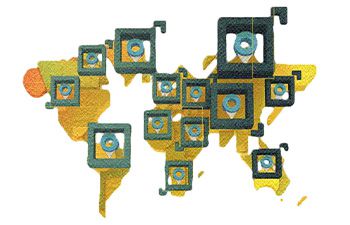 A 3-D yellow world map with several green squares floating above it.