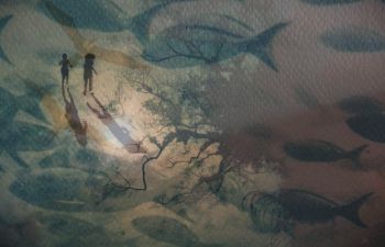 An ecological artwork showing fish and children