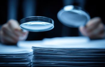 out of focus hands holding two magnifying glasses above a pile of papers
