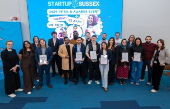The Startup Sussex winners, runners-up and shortlisted applicants pose for a group photo with the Entrepreneurship team
