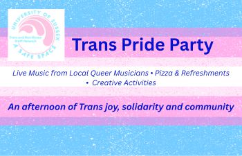 Promotional banner for a Trans Pride Party with the TNB staff network logo. Text advertises live music, pizza and refreshments, creative activities, and 