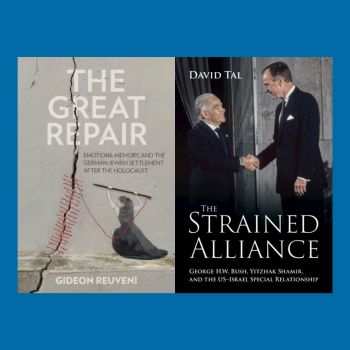 Book covers of Gideon Reuveni's The Great Repair and David Tal's The Strained Alliance side-by-side against a blue background