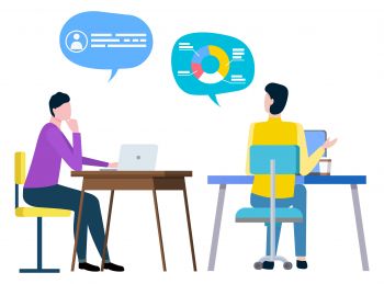 Cartoon based image of two people sitting at desks, one with a speech bubble showing obscure text and one with a speech bubble showing a graph