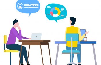 Cartoon based image of two people sitting at desks, one with a speech bubble showing obscure text and one with a speech bubble showing a graph