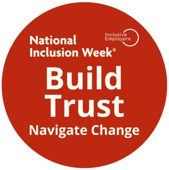 National Inclusion Week logo. A red circle with white text reading ‘National Inclusion Week®’, ‘Build Trust’, and ‘Navigate Change’, alongside the Inclusive Employers logo