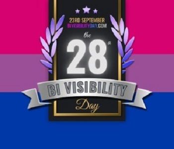 Graphic featuring the bisexual pride flag in pink, purple and blue, with a central badge reading “23rd September Bi Visibility Day” and “28th