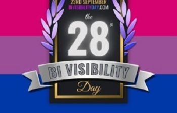 Graphic featuring the bisexual pride flag in pink, purple and blue, with a central badge reading “23rd September Bi Visibility Day” and “28th