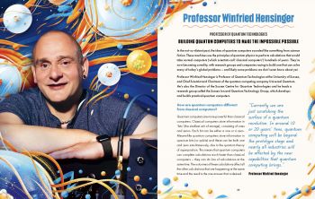 Double page spread from a book about scientists, featuring Professor Winfried Hensinger